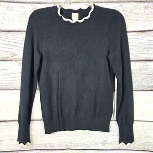 H&M Black Knit Sweater XS Scalloped Trim Long Sleeve
